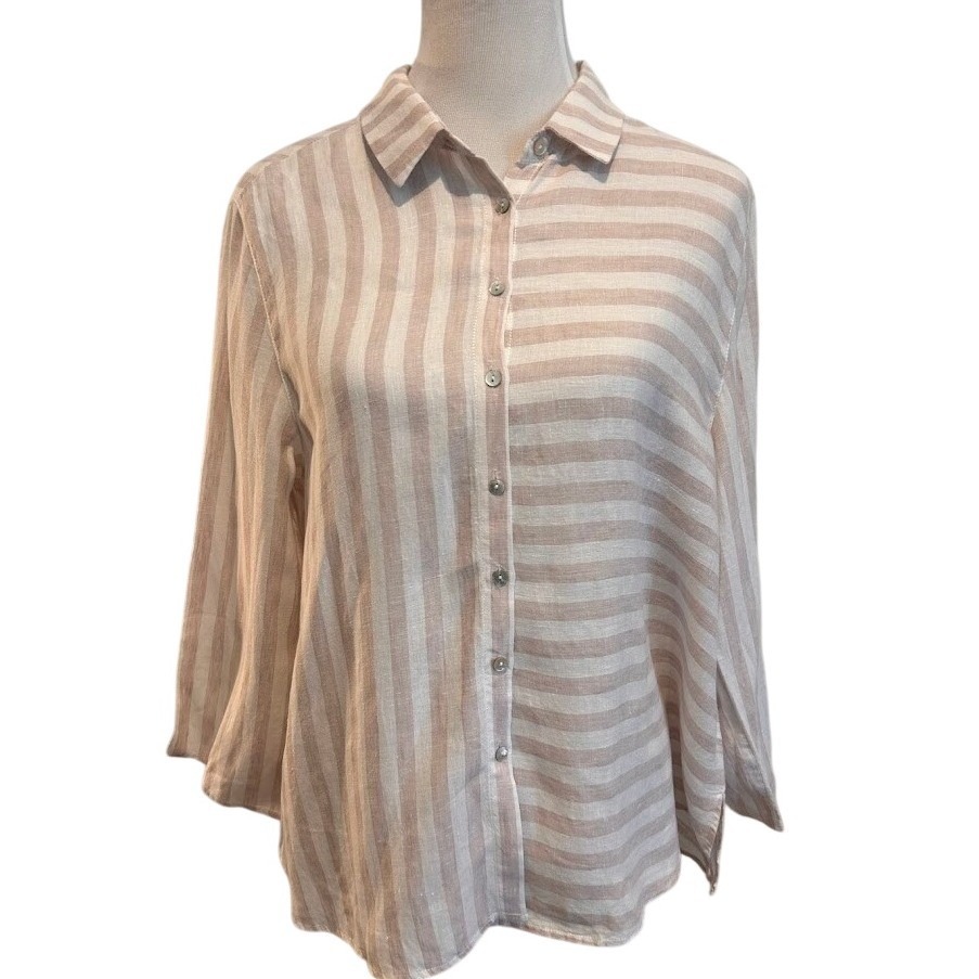 Jones & Co Jones New York Linen Striped Button Up Shirt Tan White Womens Large